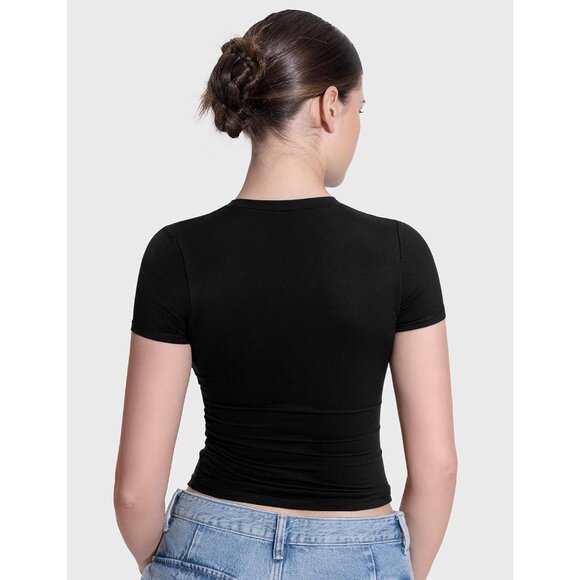 Women's Slim Fit Short Sleeve Tee Nylon Spandex Double Layer Y2K Style - Picture 4 of 7